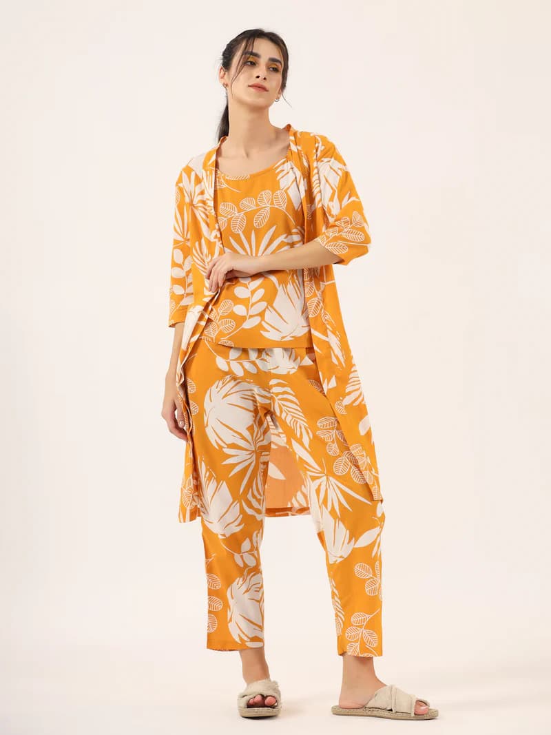 Yellow Pure Cotton 3 PEICE Night Suit