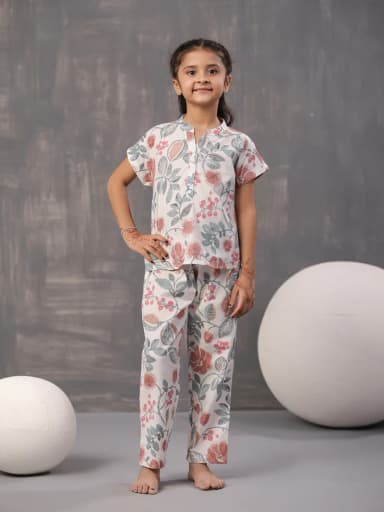 Multi Flower and Leaf Printed Cotton Kids Night Suits