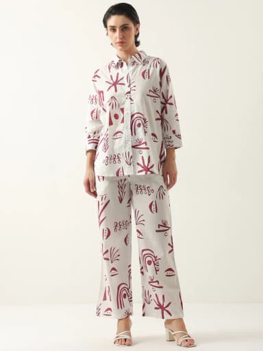 White Color Shirt Collar Cotton Printed Co-ords Set