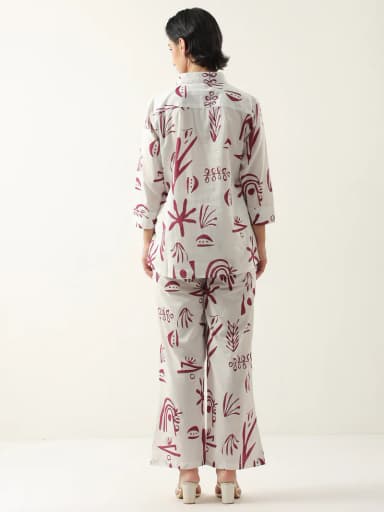 White Color Shirt Collar Cotton Printed Co-ords Set