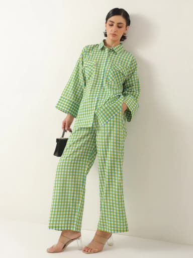 Green Color Check Printed Cotton Co-ords Set