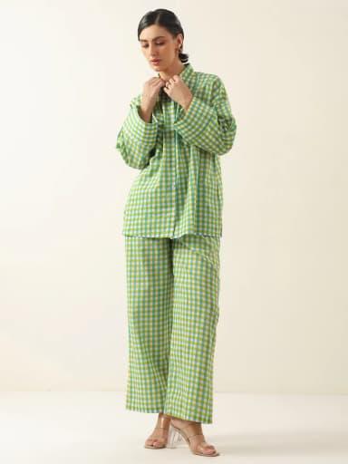 Green Color Check Printed Cotton Co-ords Set