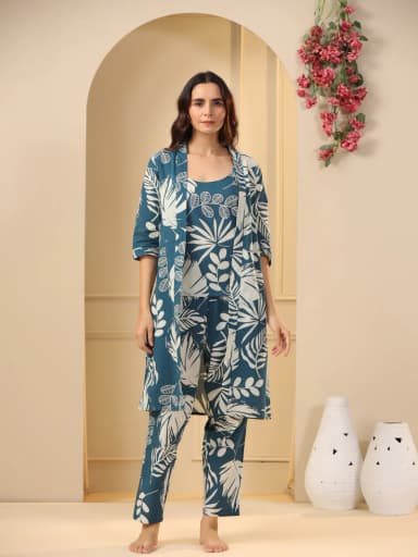 Teal Cotton Printed 3 PEICE Night Suit