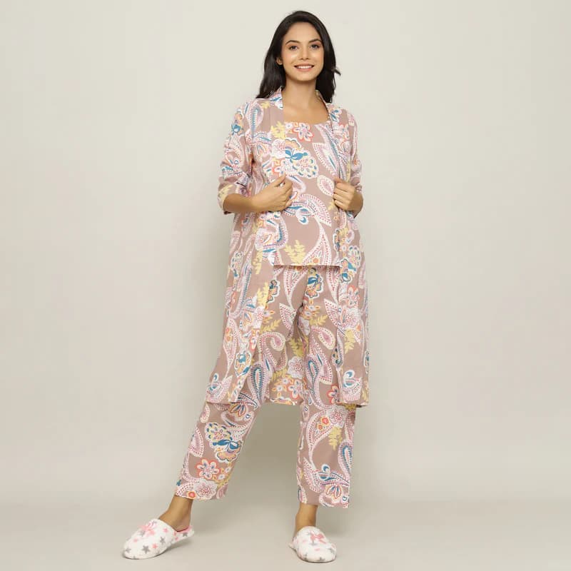 Paisley Cotton Printed 3 PEICE Night Suit Set