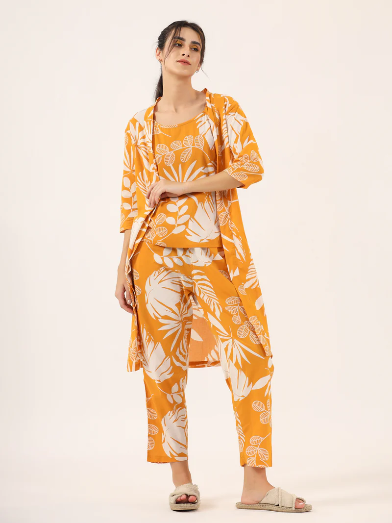 Yellow Pure Cotton 3 PEICE Night Suit